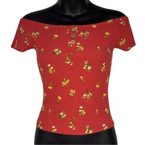 Rue21 Red Off-Shoulder Top - featuring a yellow and green Floral pattern